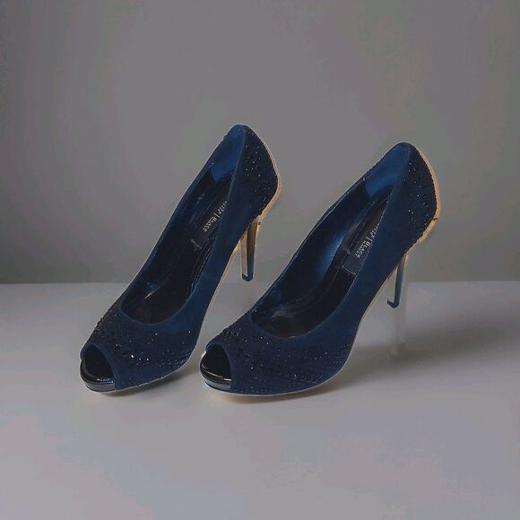 WHBM Black Sequined Stiletto Heels Pumps 4.5" Sz 6M Sexy Chic Peep-Toe Evening - Picture 2 of 13